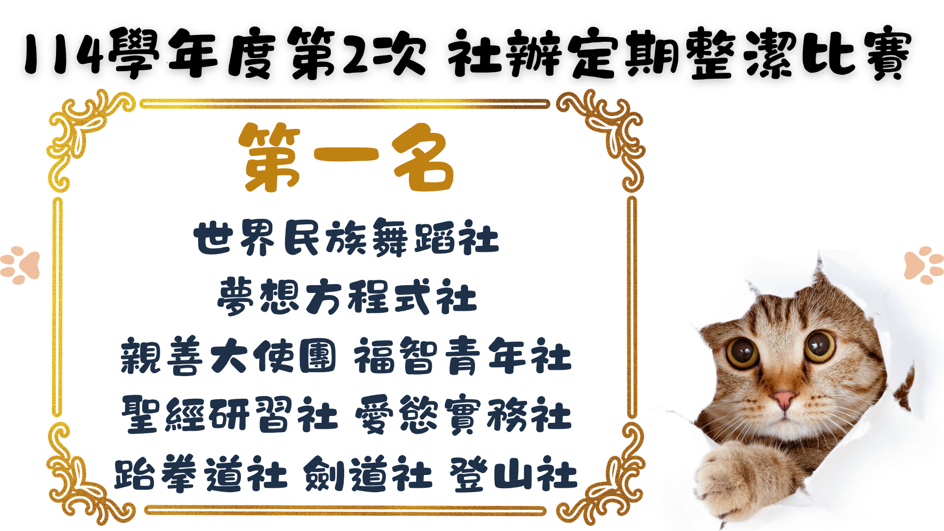 114學年度第2次定期社辦整潔比賽成績公告